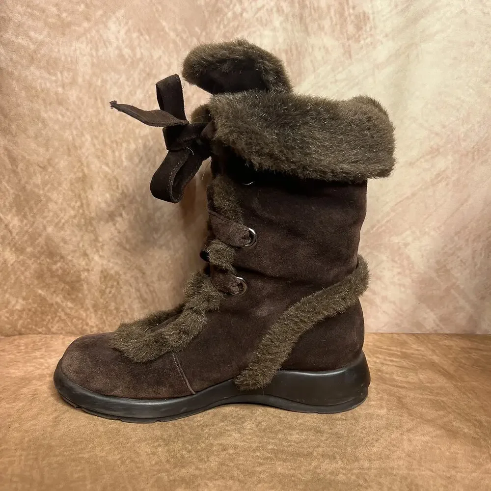 Aerosoles Calf High Faux Fur Suede Lace Up Boots Brown Winter Indie Sleaze Ski